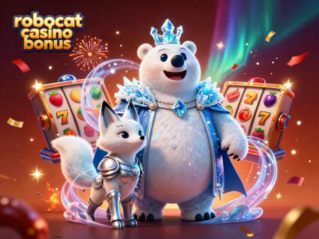 Experience the excitement of the robocat casino bonus in this vibrant 3D illustration showcasing casino elements and characters.