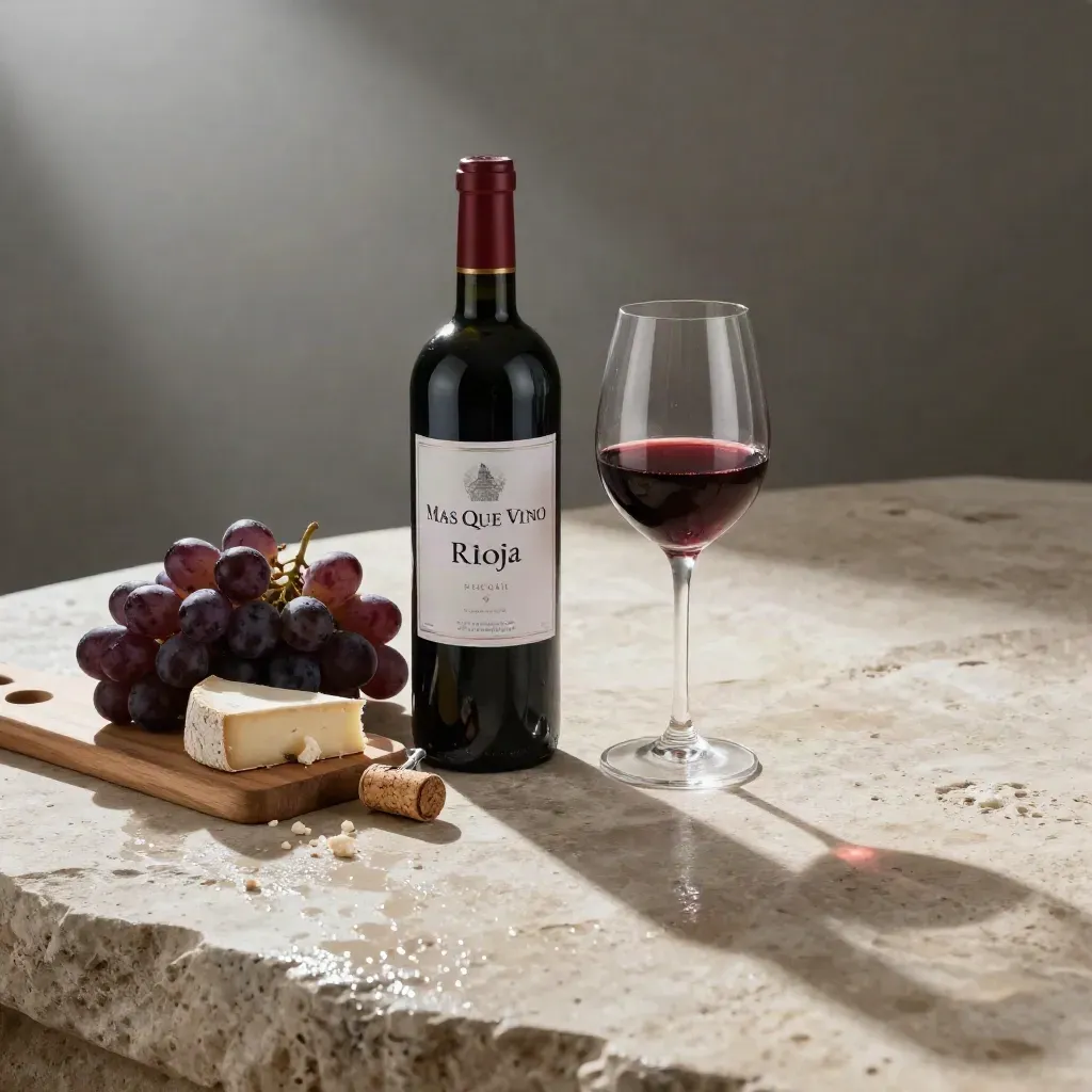 Botella de Rioja, copa tulipán, uvas oscuras y queso sobre piedra húmeda, luz dramática.