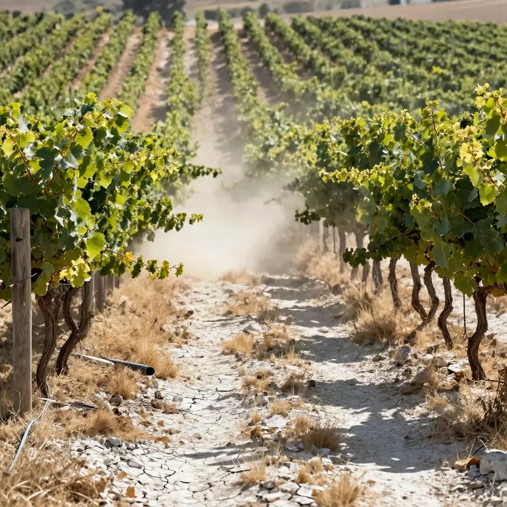 Viñas de Verdejo con camino de polvo calcáreo y viento de mediodía en Rueda