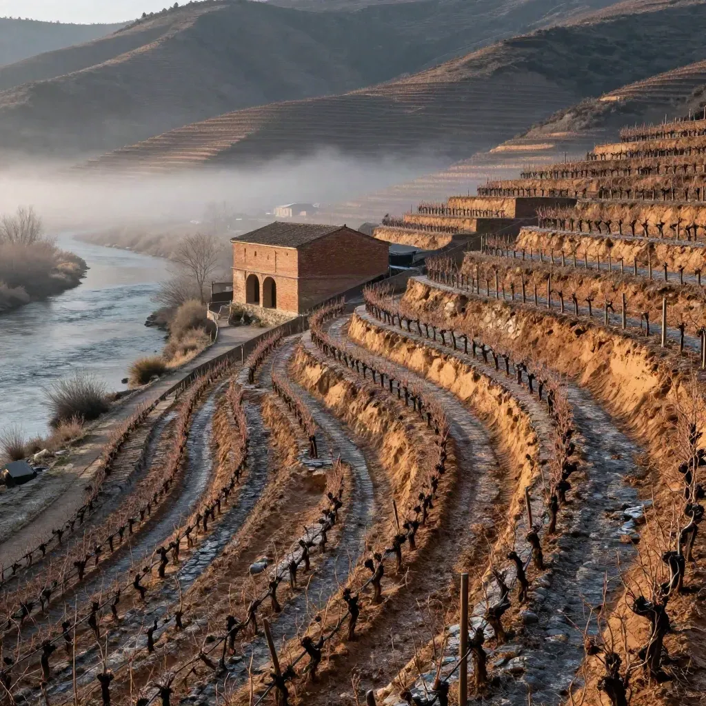 Terrazas de viñedo en Ribera del Duero con río, neblina y nave de bodega de ladrillo al fondo.