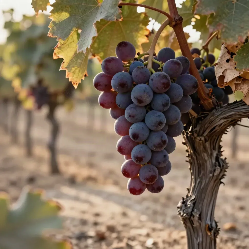 Racimo maduro de Tempranillo en una cepa vieja con luz cálida de tarde.