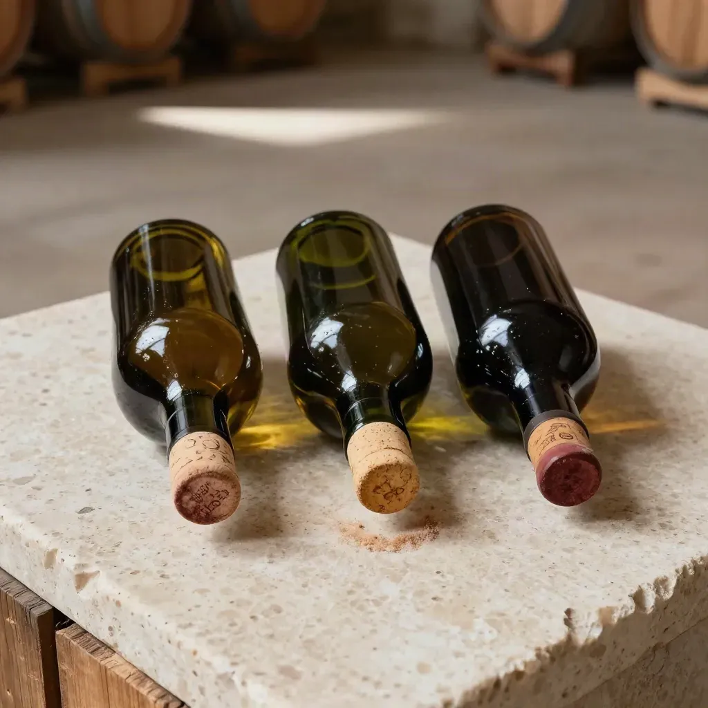 Tres botellas de vino vueltas, sobre piedra clara, con polvo de bodega y sombras duras.