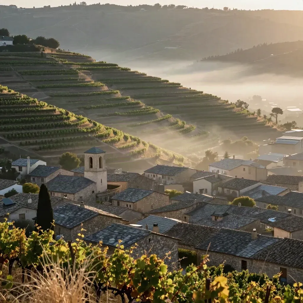 Viñedos en ladera de Rioja Alta con pueblo de piedra y niebla al amanecer.