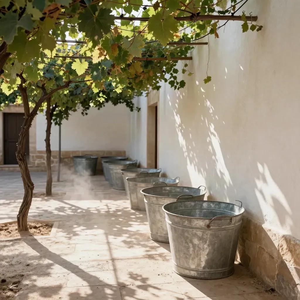 Patio encalado de bodega con cubetas de vendimia vacías, espalderas y calor vibrando al mediodía.