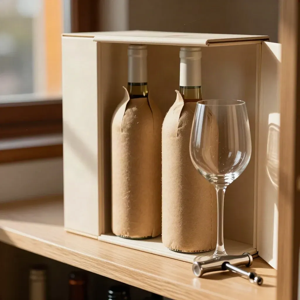 Caja rígida con dos botellas envueltas, copa y sacacorchos sobre papel kraft.