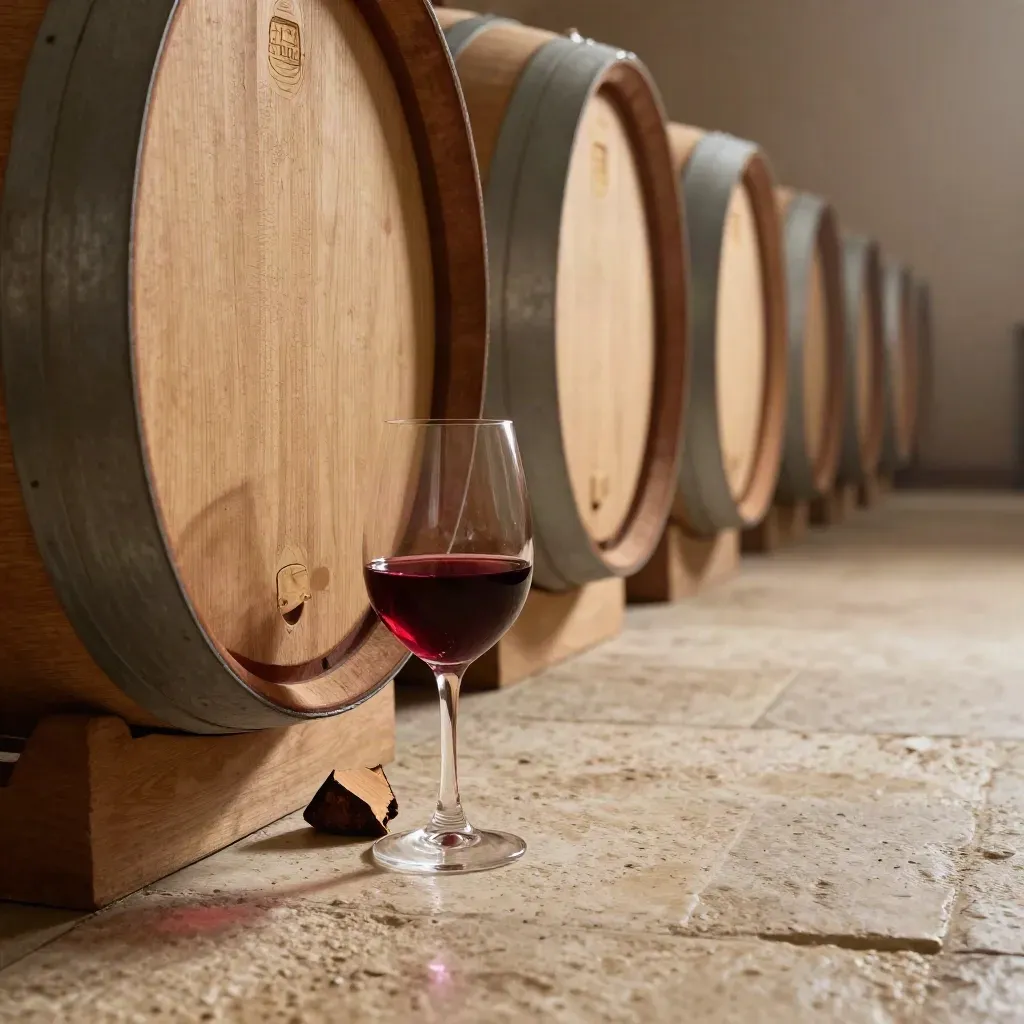 Barricas de roble en bodega, copa de vino y duela, con luz rascando la madera y polvo en el aire.
