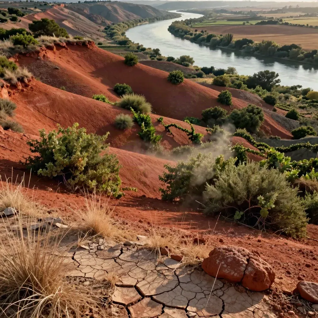 Laderas de garnacha sobre arcilla roja junto al Ebro, con matorral bajo y luz oblicua.