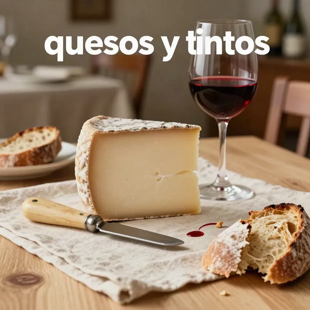 Tabla de quesos curados con vino tinto y pan rústico sobre lino, luz cálida.