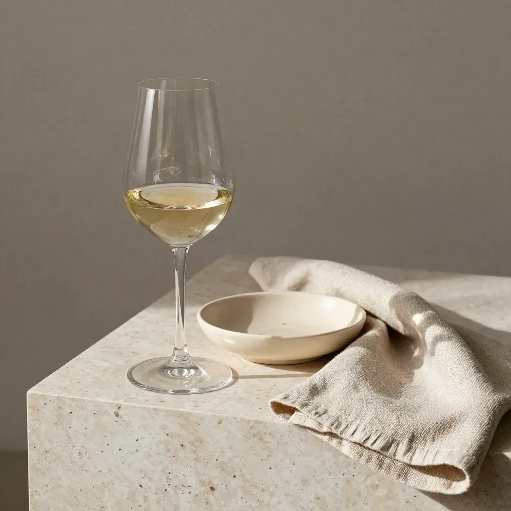 Copa de cata con vino, plato cerámico y lino sobre piedra clara.