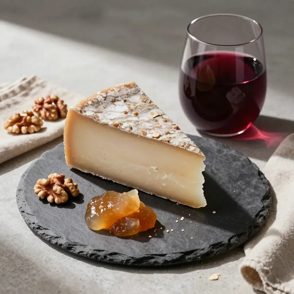 Cuña de manchego con membrillo, nueces y vino tinto sobre pizarra, en vista cenital cálida.