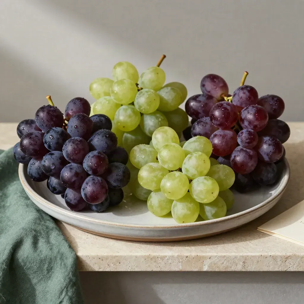 Cuatro racimos de uvas sobre bandeja cerámica, luz suave y polvo del viñedo.
