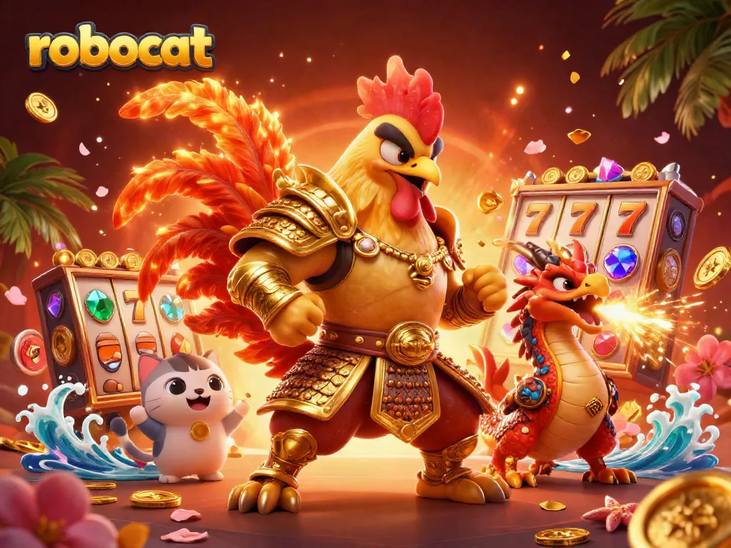 Experience robocat fun with slot reels and animated characters in this vibrant casino illustration.